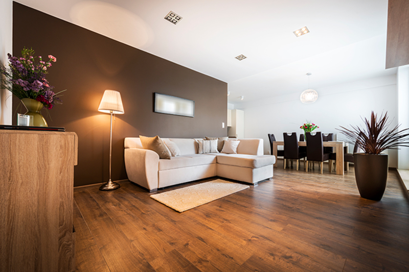 open-concept living room and dining room. white couch with a black dining table in the background, dark wood flooring.