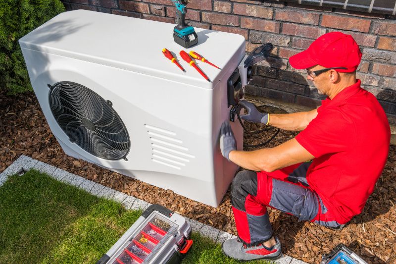 Image of a technician working on a heat pump. 4 Factors to Consider When Buying a Heat Pump.